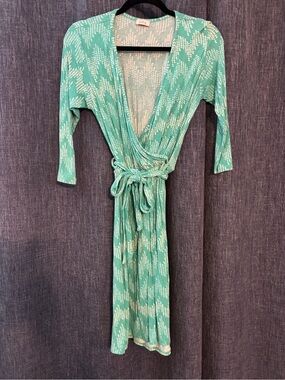 Pixley Teal and White Patterned faux wrap dress